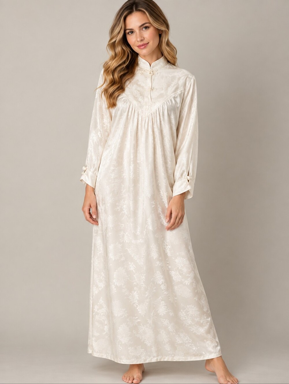 Vtg APPEL Winter White Asian Satin Tapestry Maxi Nightgown